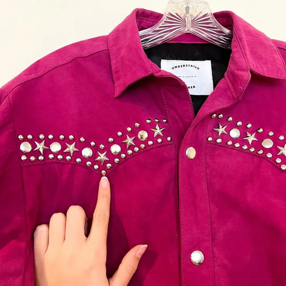 Understated Leather Pink Suede Silver Hardware Embellished Boho Western Jacket S - Picture 5 of 9